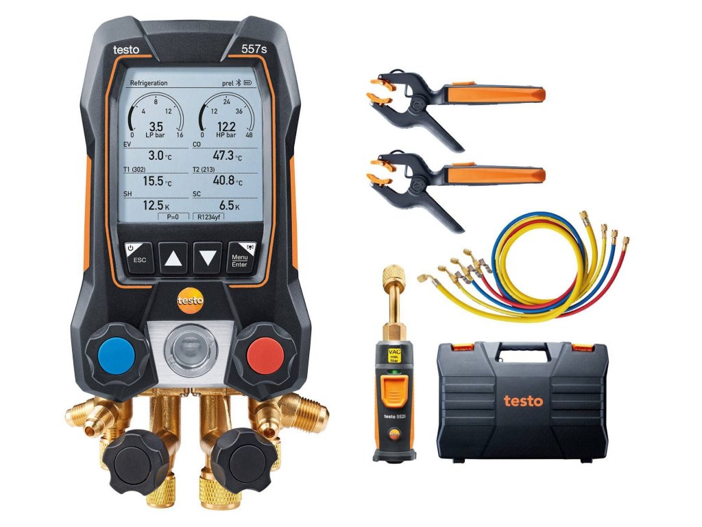 Testo 557s Smart Vacuum Kit with Filler Hoses - inteligentny cyfrowy przyrząd serwisowy z bezprzewodową sondą podciśnienia, bezprzewodowymi zaciskanymi sondami temperatury i zestawem 4 węży do napełniania.