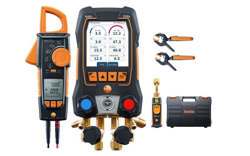 Testo 558s zestaw Smart Vacuum - Elektroniczna oprawa zaworowa z miernikiem cęgowym i bezprzewodowymi sondami temperatury i podciśnienia